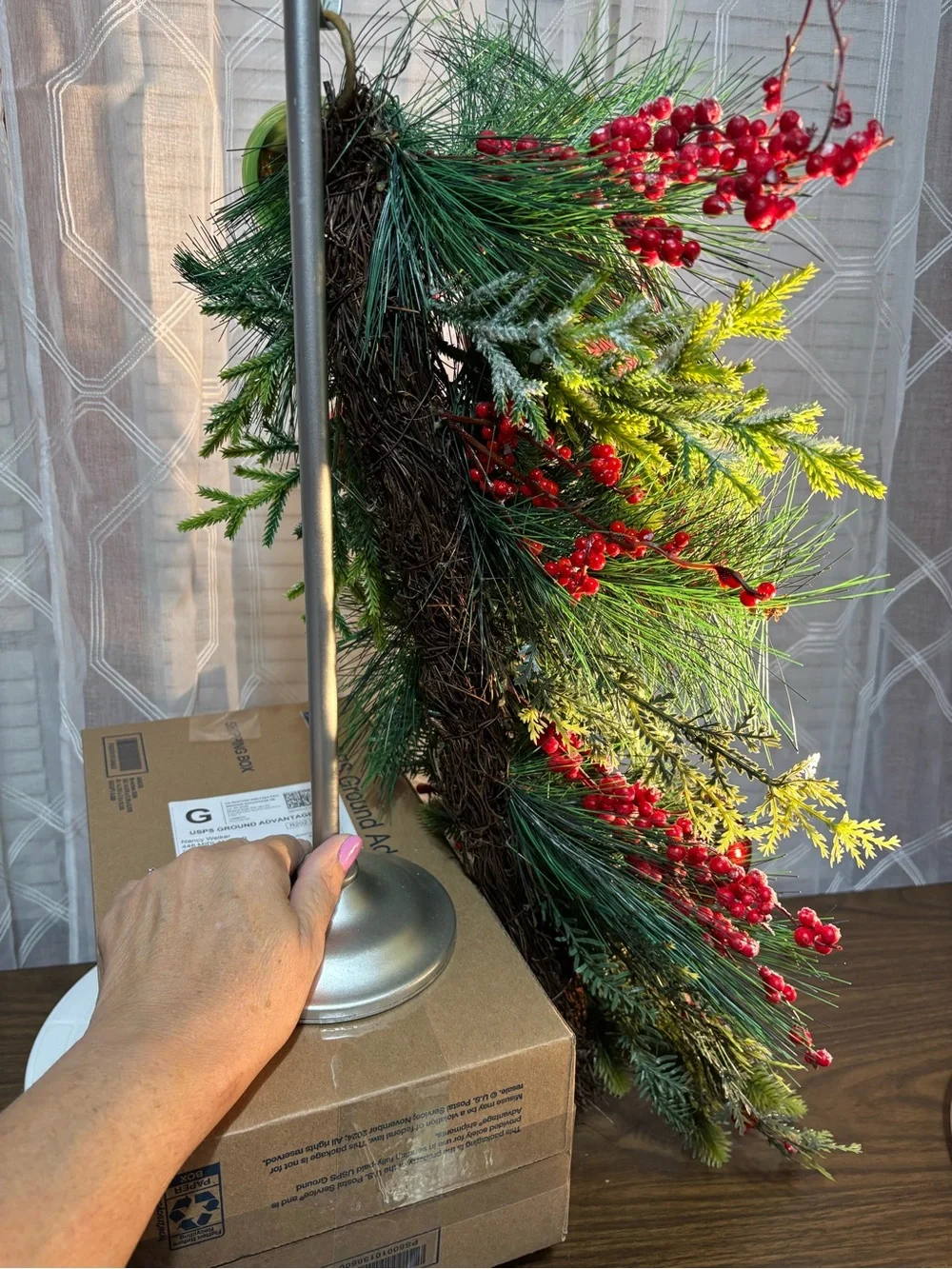 Christmas teardrop swag Pineneedles, Holly leaves and red berry clusters, 24”